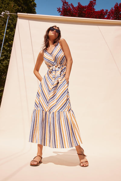 Striped Linen Blend Maxi Dress with Sash Charlie B