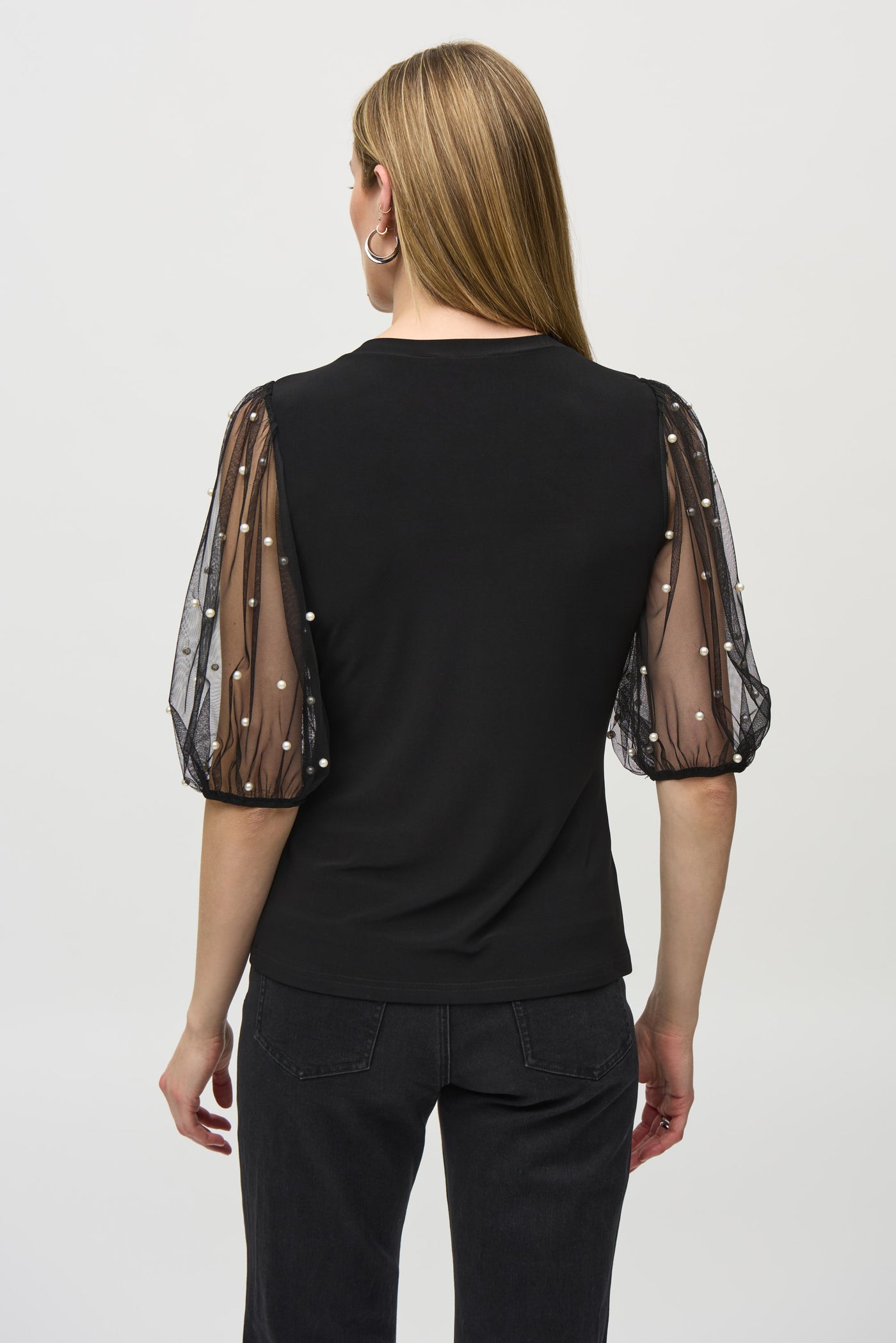 Silky Knit Top With Embellished Mesh Sleeves Joseph Ribkoff