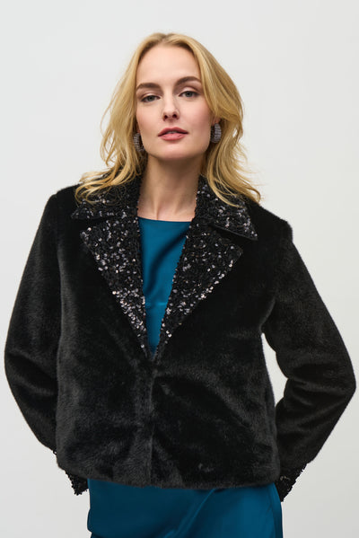 Faux Fur Jacket with Sequins Trim Joseph Ribkoff