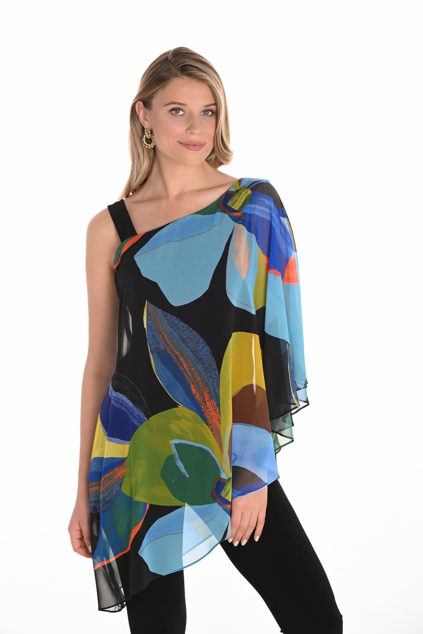 Asymmetrical One-Shoulder Chiffon Overlay Top Frank Lyman