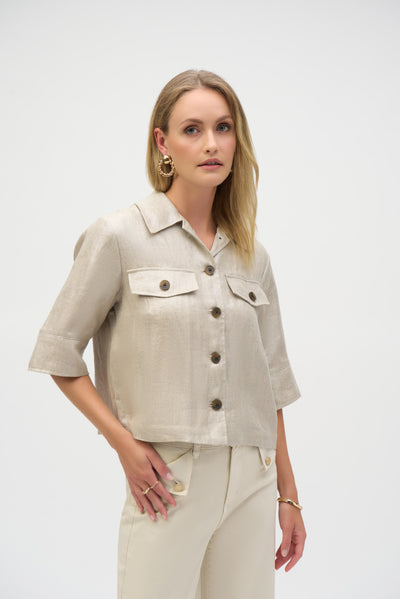 Foiled Linen Blend Short Sleeve Boxy Jacket Joseph Ribkoff