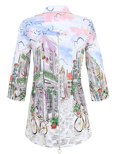 Parisian Streetscape Button-Up Blouse Dolcezza