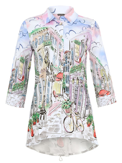 Parisian Streetscape Button-Up Blouse Dolcezza