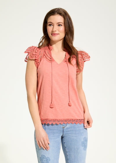 Flutter Sleeve Placed Eyelet Top French Dressing Jeans