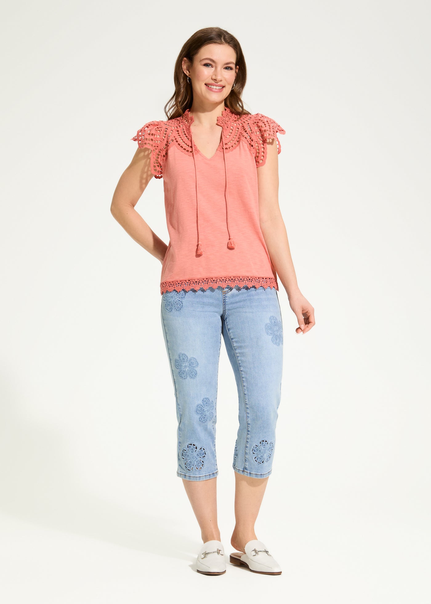 Flutter Sleeve Placed Eyelet Top French Dressing Jeans