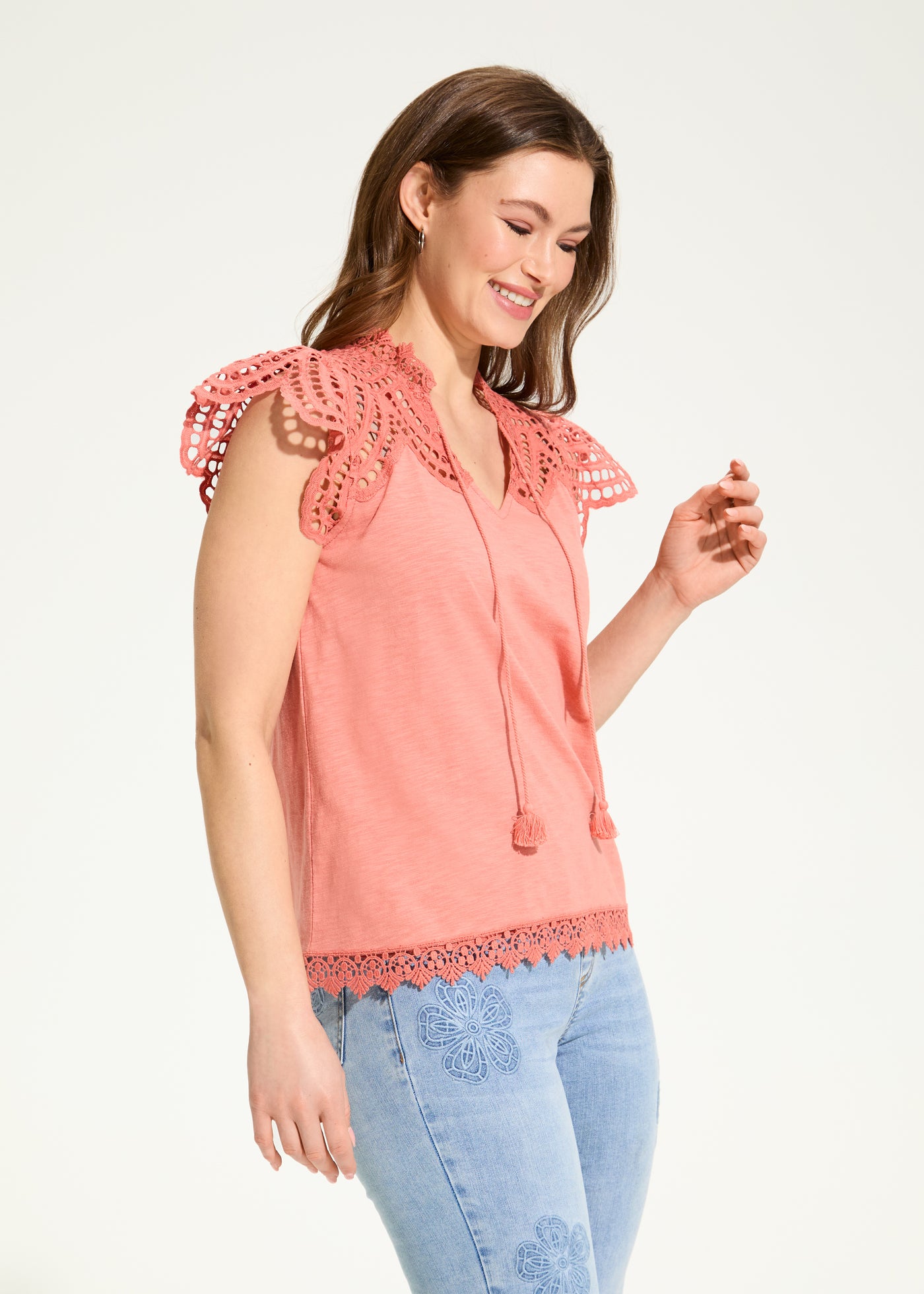 Flutter Sleeve Placed Eyelet Top French Dressing Jeans