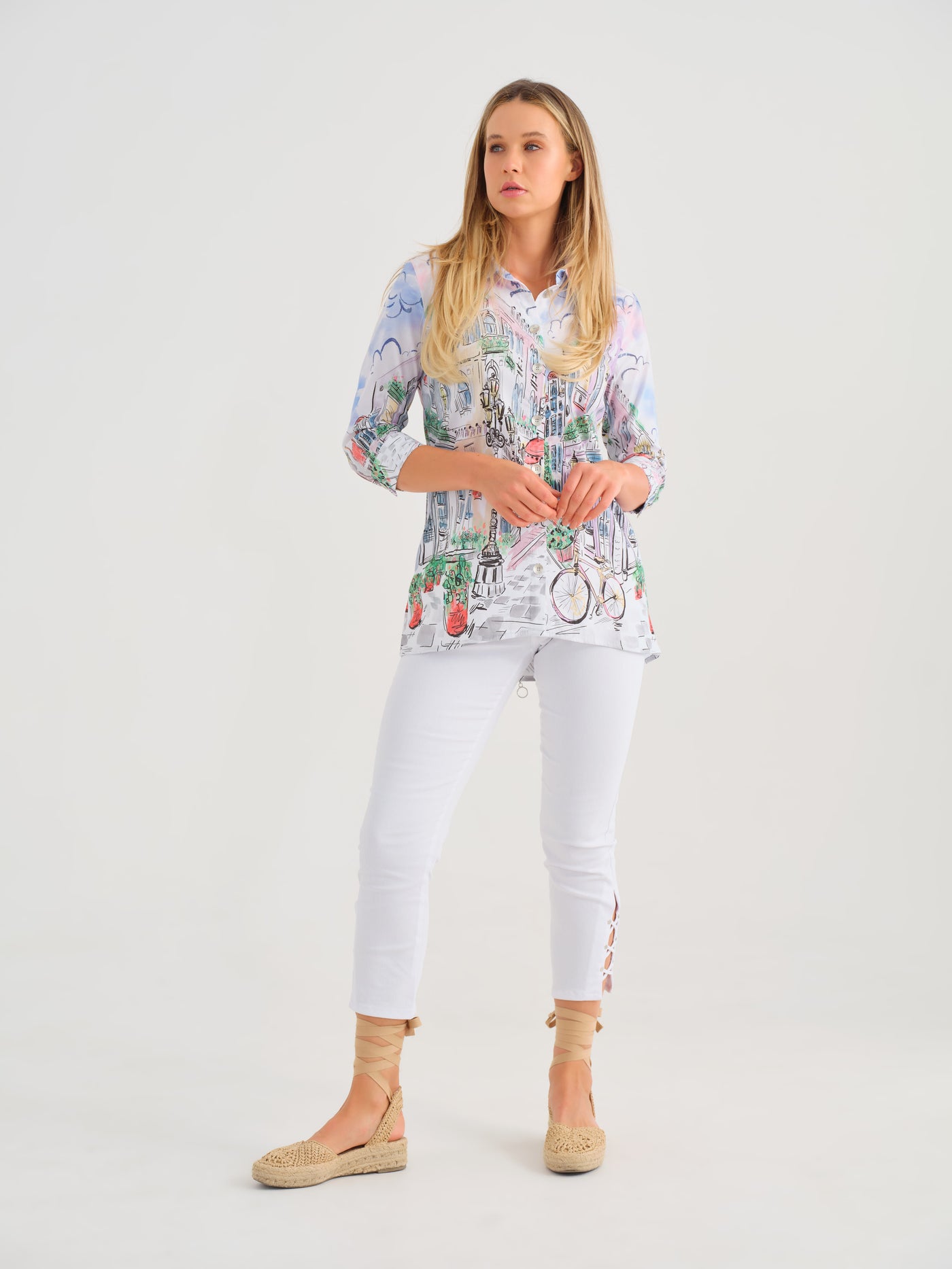 Parisian Streetscape Button-Up Blouse Dolcezza