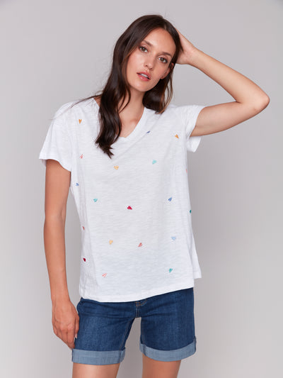 Short Sleeve V-Neck T-Shirt with Hearts Embroidery Charlie B