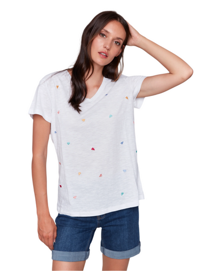 Short Sleeve V-Neck T-Shirt with Hearts Embroidery Charlie B