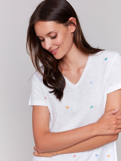 Short Sleeve V-Neck T-Shirt with Hearts Embroidery Charlie B