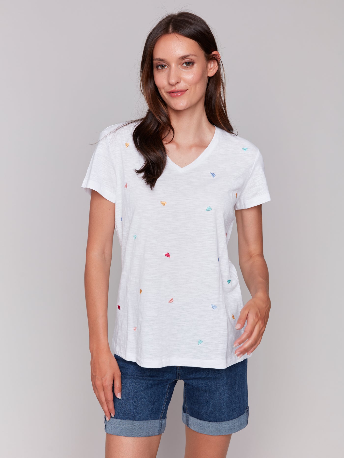 Short Sleeve V-Neck T-Shirt with Hearts Embroidery Charlie B