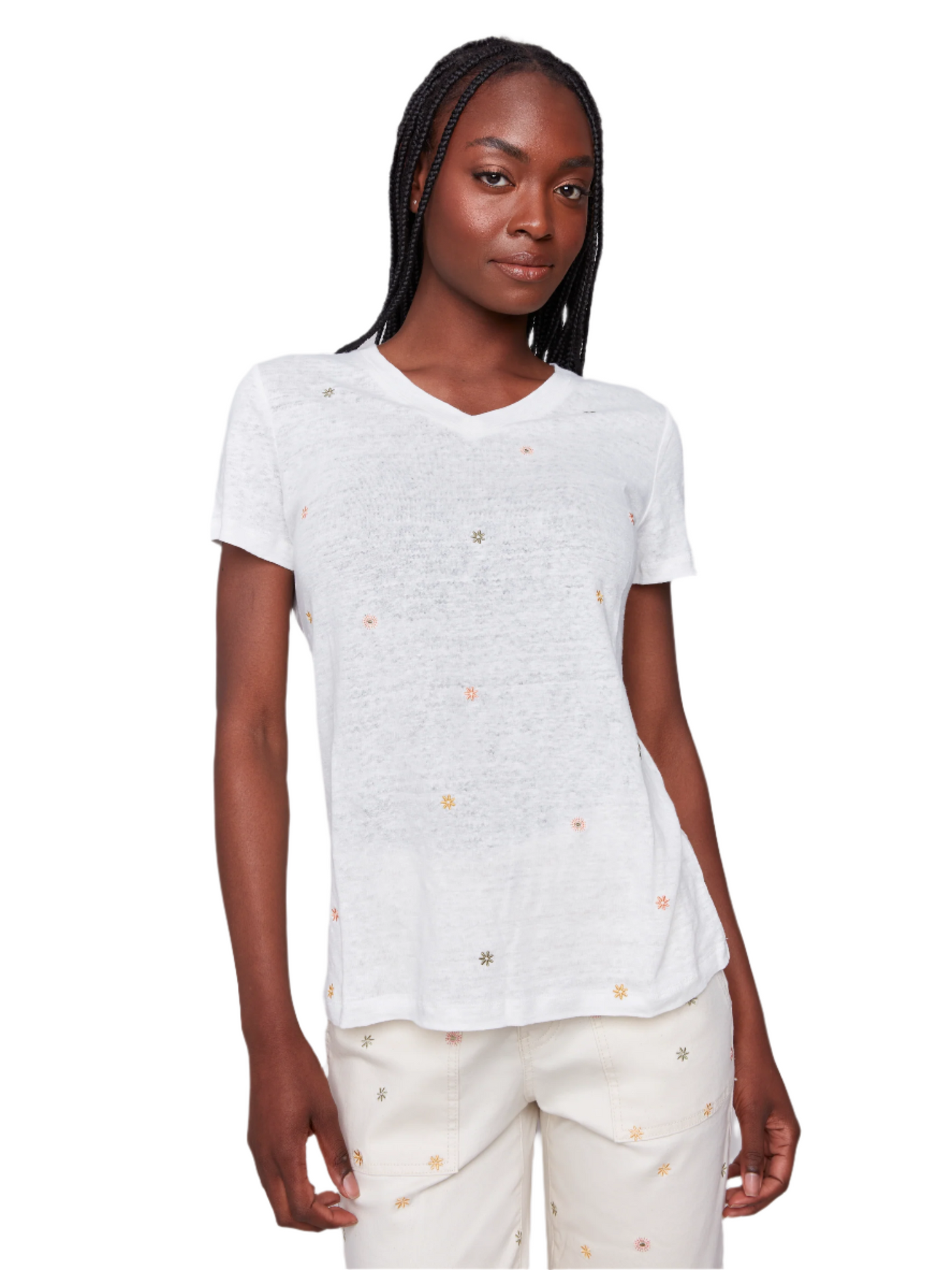 Short Sleeve V-Neck T-Shirt with Floral Embroidery Charlie B