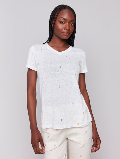 Short Sleeve V-Neck T-Shirt with Floral Embroidery Charlie B