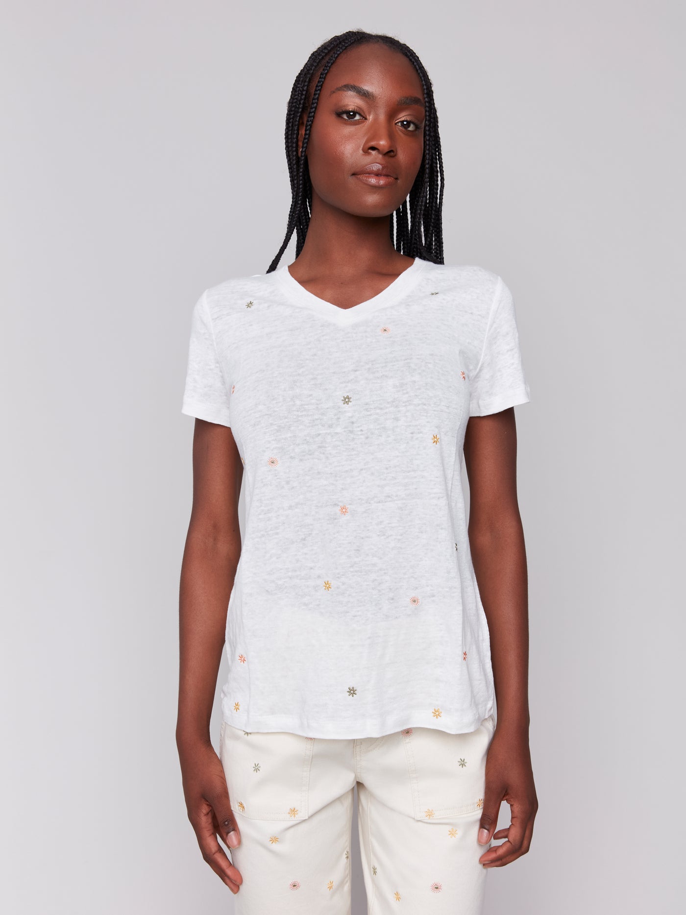 Short Sleeve V-Neck T-Shirt with Floral Embroidery Charlie B