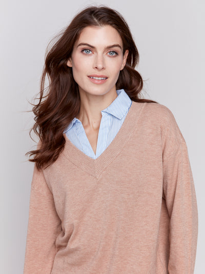 V-Neck Fooler Sweater with Shirt Collar Charlie B