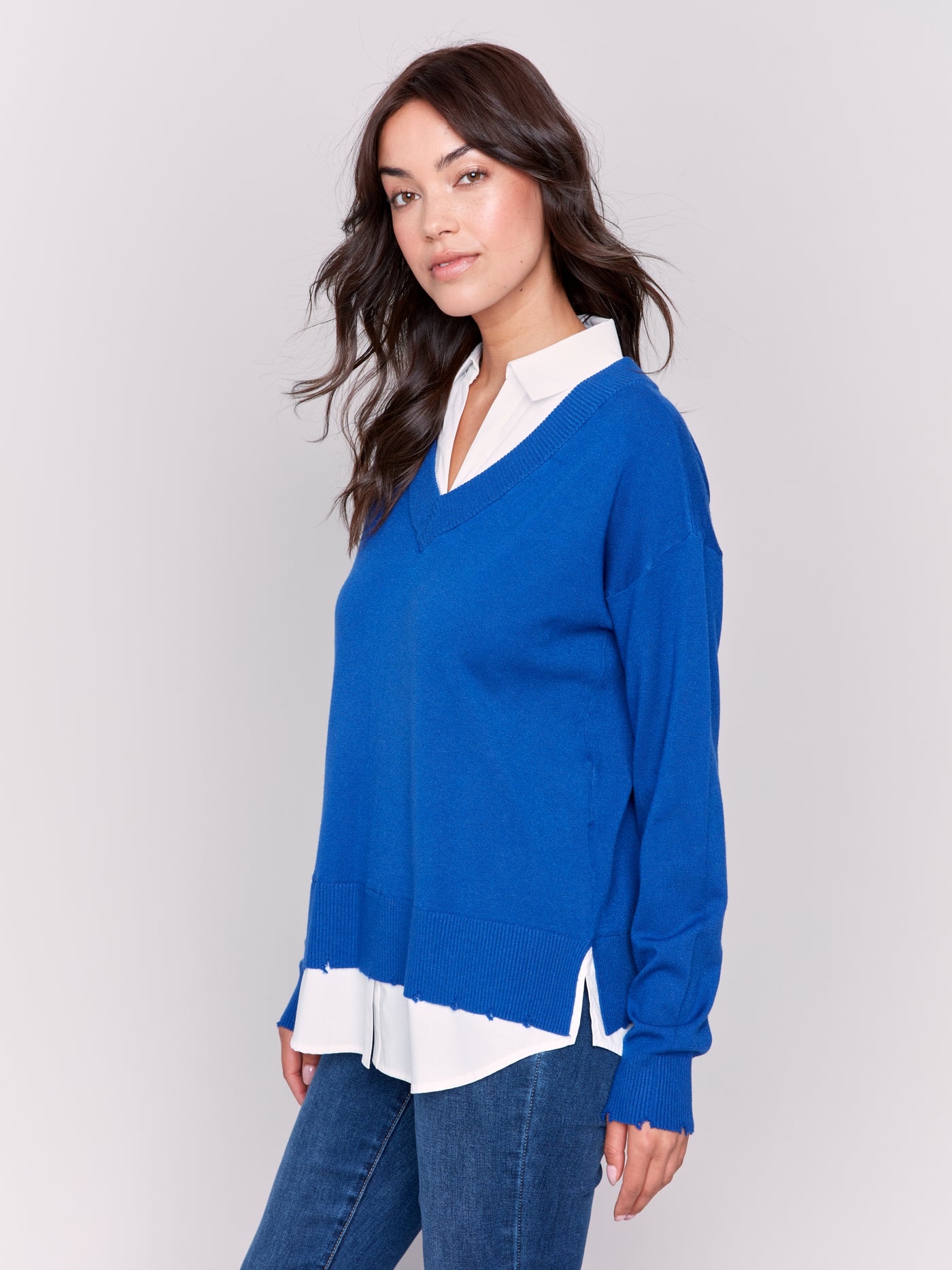 V-Neck Fooler Sweater with Shirt Collar Charlie B