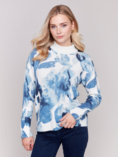 Printed Mock Neck Sweater with Sleeve Zippers Charlie B