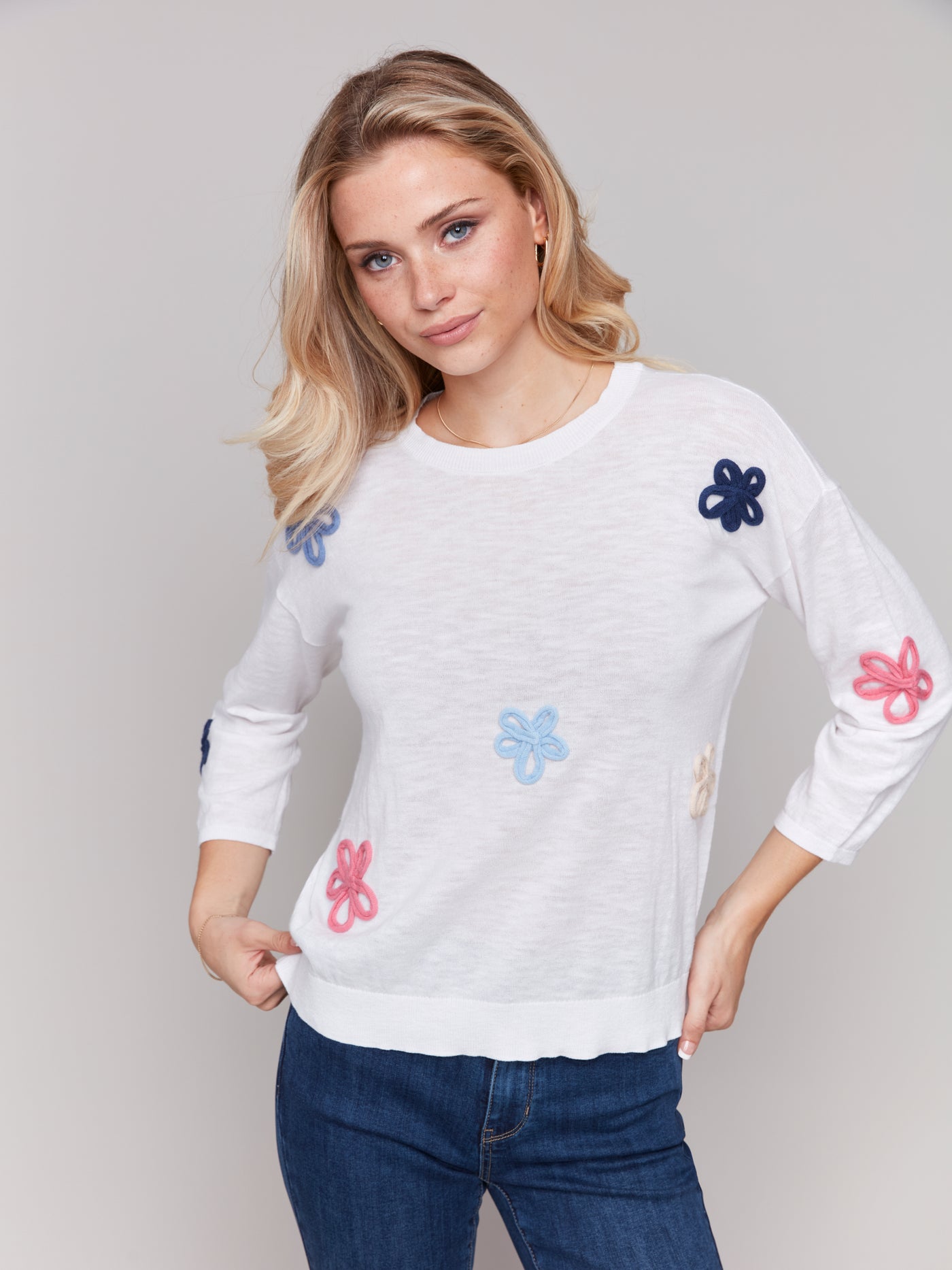 Cotton Sweater with Flower Patches Charlie B