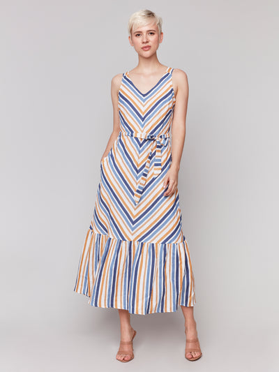 Striped Linen Blend Maxi Dress with Sash Charlie B