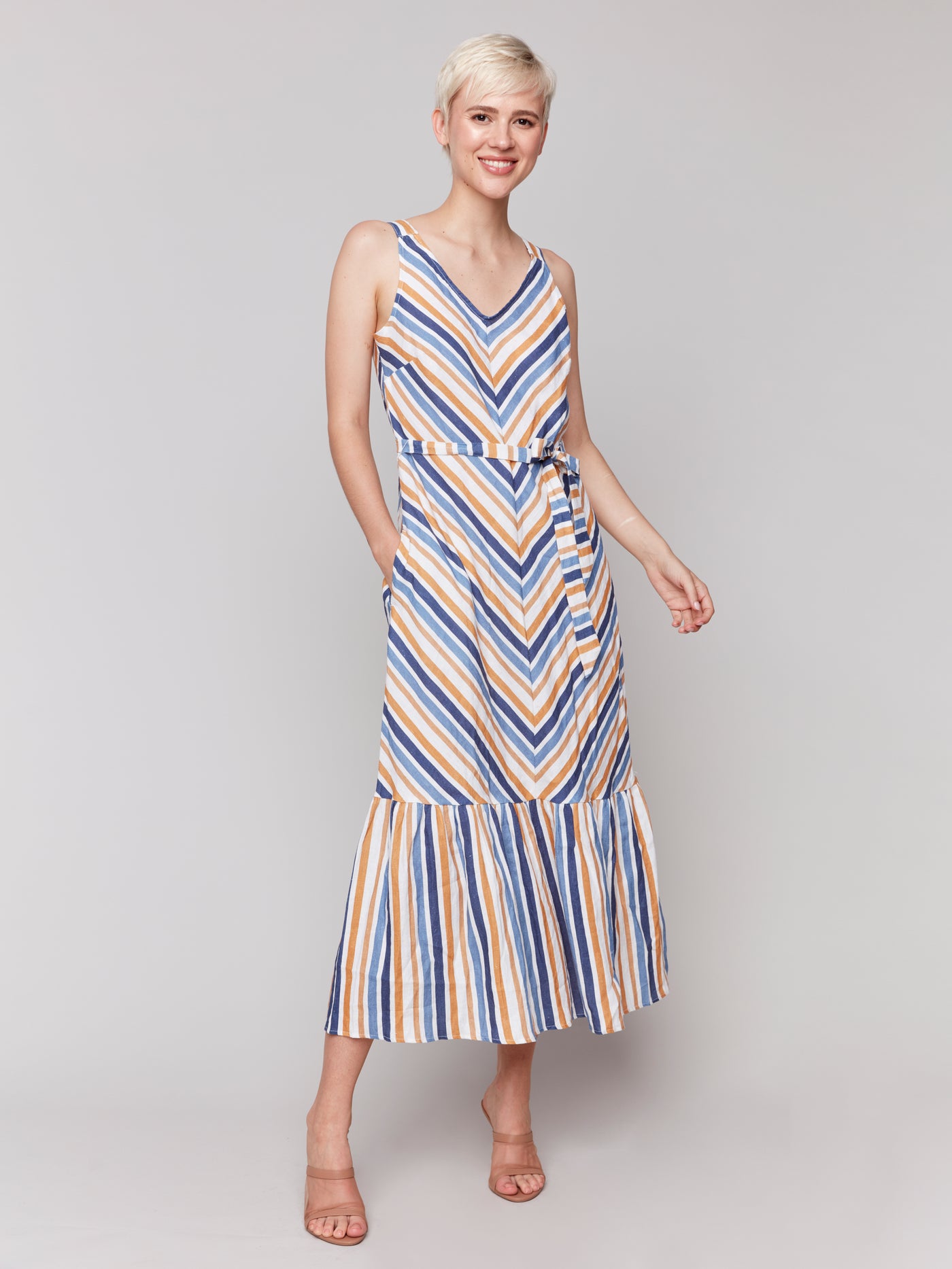 Striped Linen Blend Maxi Dress with Sash Charlie B