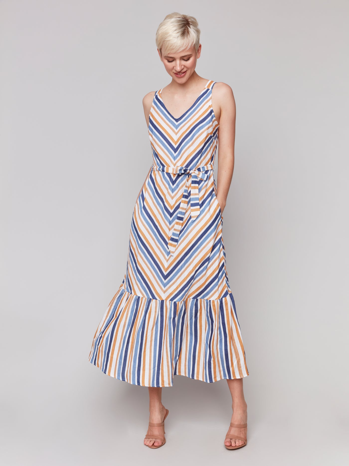 Striped Linen Blend Maxi Dress with Sash Charlie B