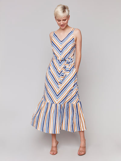 Striped Linen Blend Maxi Dress with Sash Charlie B