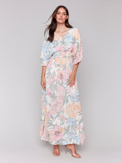 Printed Dolman Sleeve Maxi Dress with Side Slits Charlie B