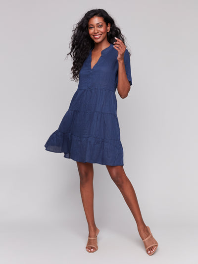 Tiered Short Sleeve Linen Blend Dress Charlie B