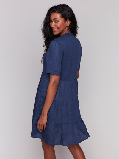 Tiered Short Sleeve Linen Blend Dress Charlie B