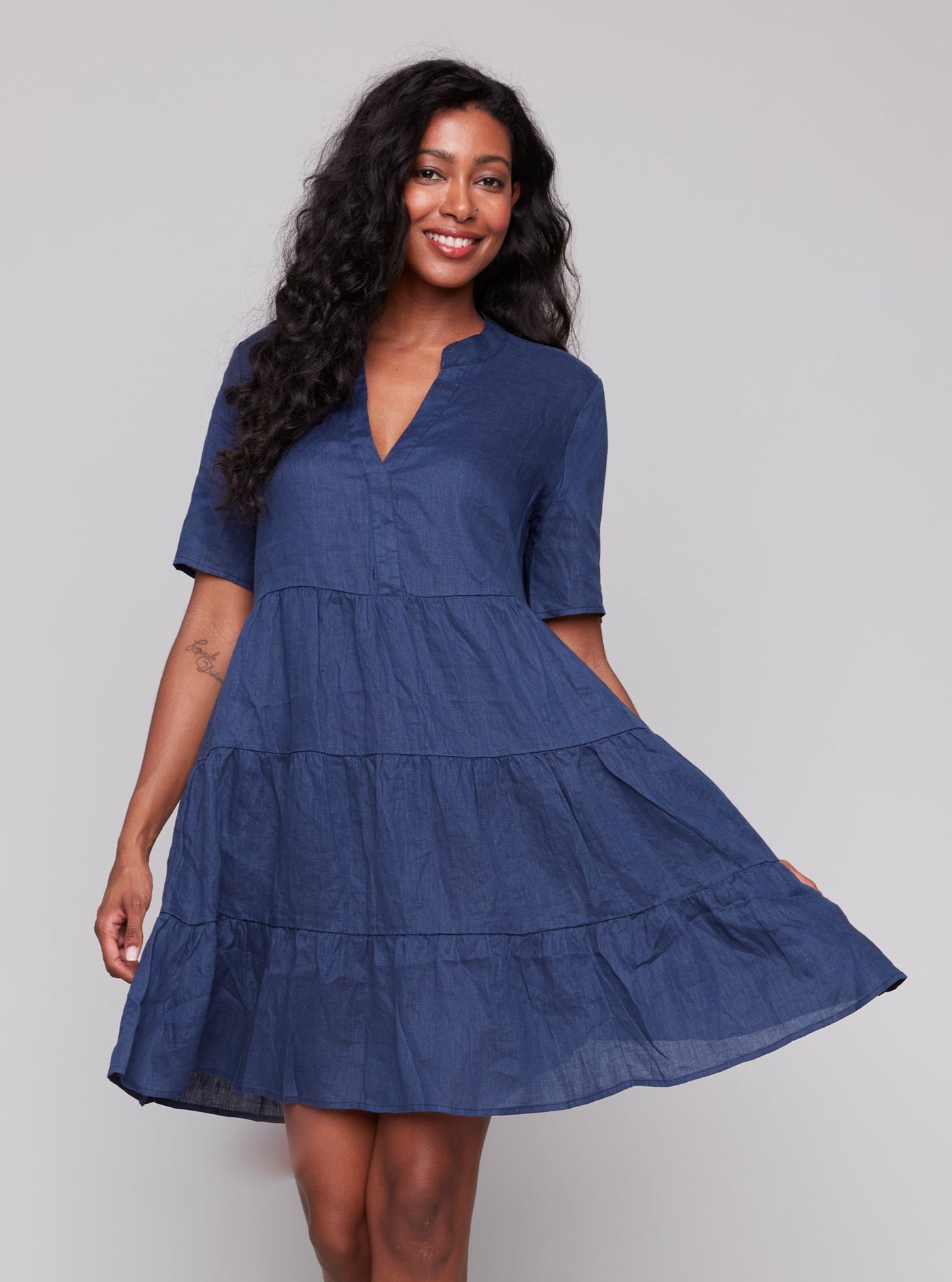 Tiered Short Sleeve Linen Blend Dress Charlie B