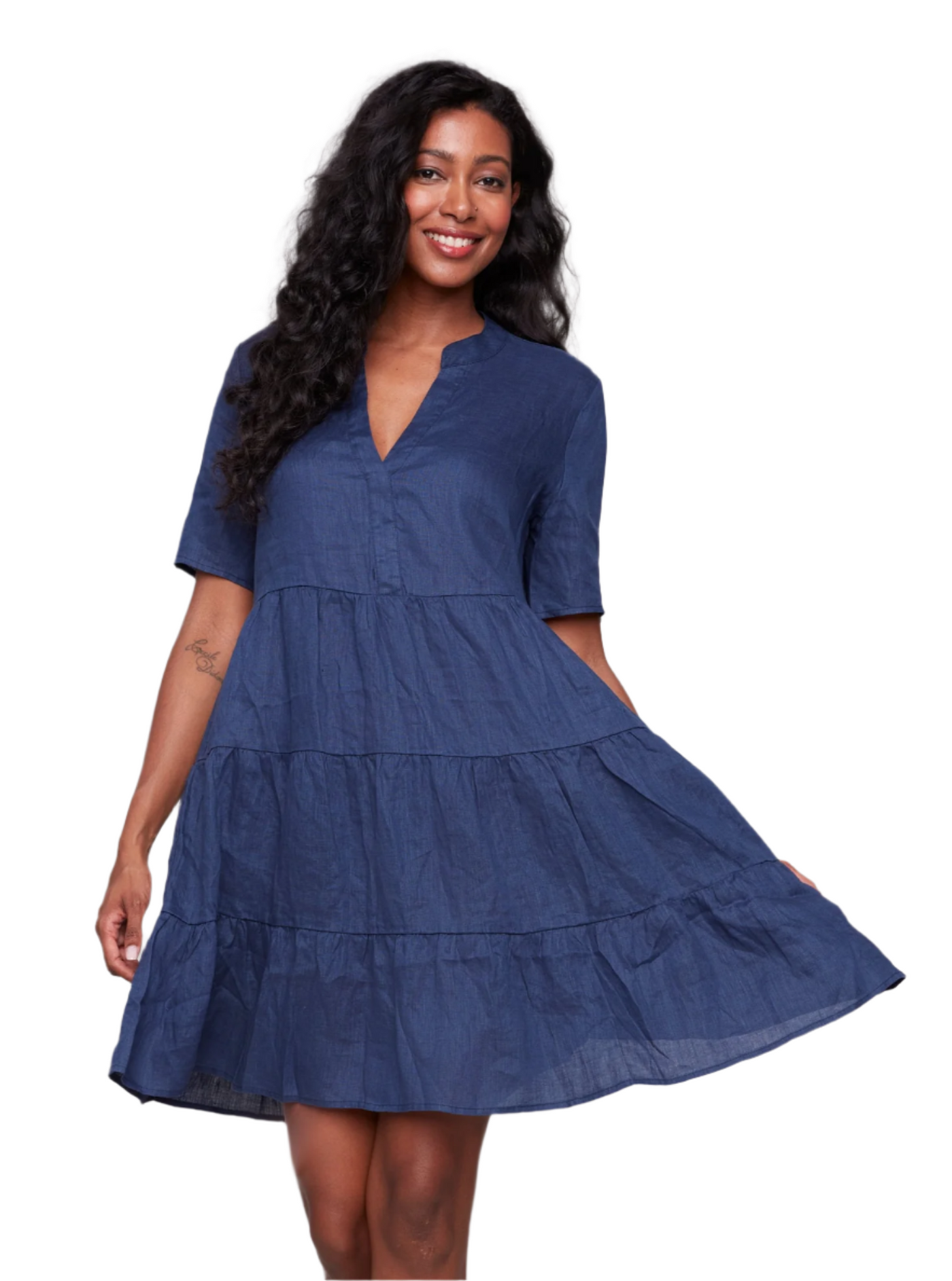 Tiered Short Sleeve Linen Blend Dress Charlie B