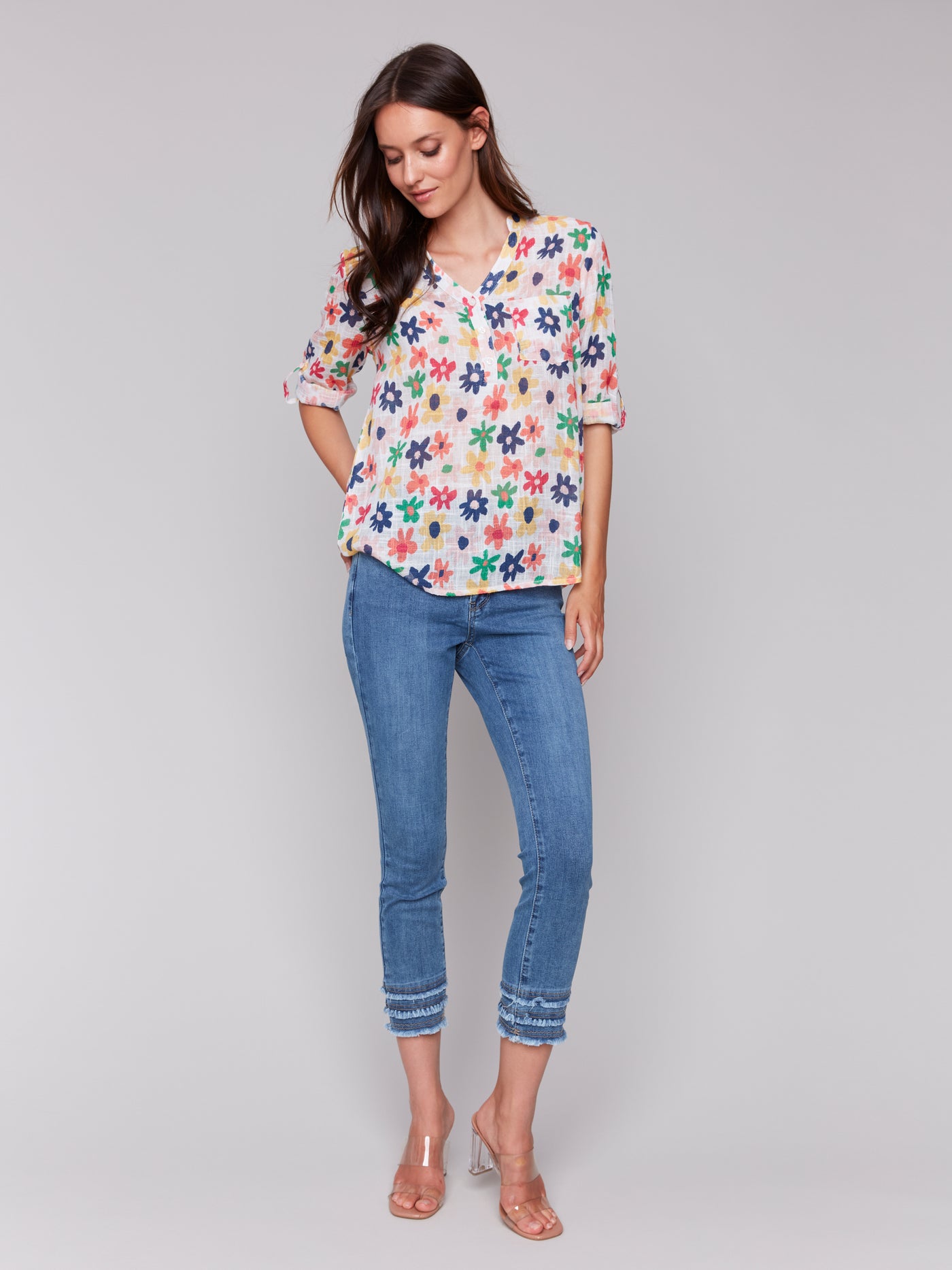 Printed Cotton Gauze Half-Button Blouse Charlie B