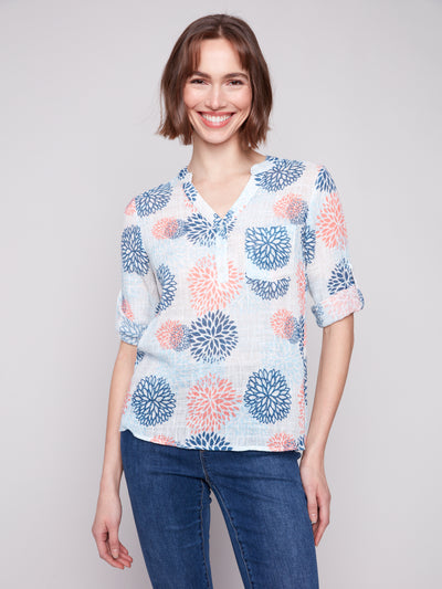 Printed Cotton Gauze Half-Button Blouse Charlie B