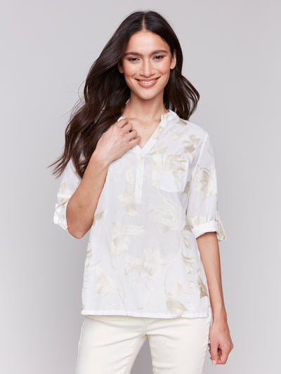 Embroidered Cotton Half-Button Blouse Charlie B