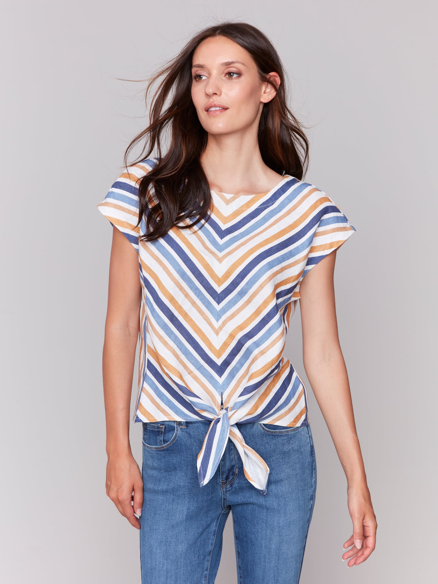 Striped Linen Blend Tie-Front Blouse Charlie B