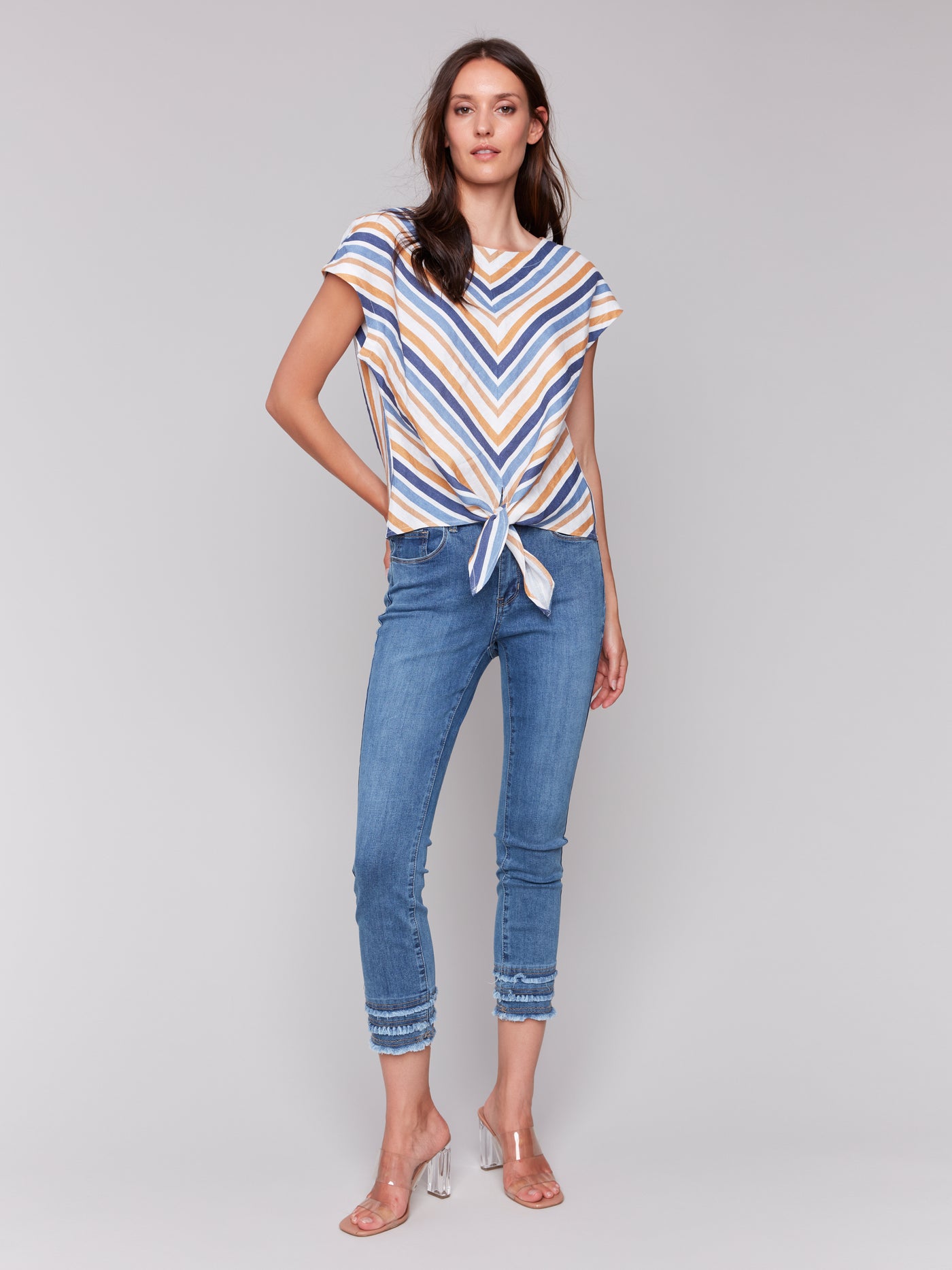 Striped Linen Blend Tie-Front Blouse Charlie B