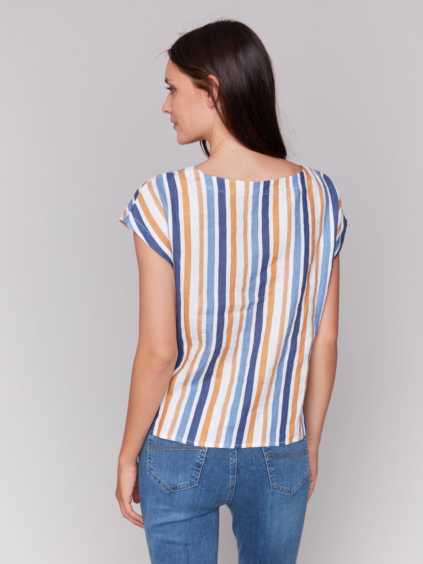 Striped Linen Blend Tie-Front Blouse Charlie B