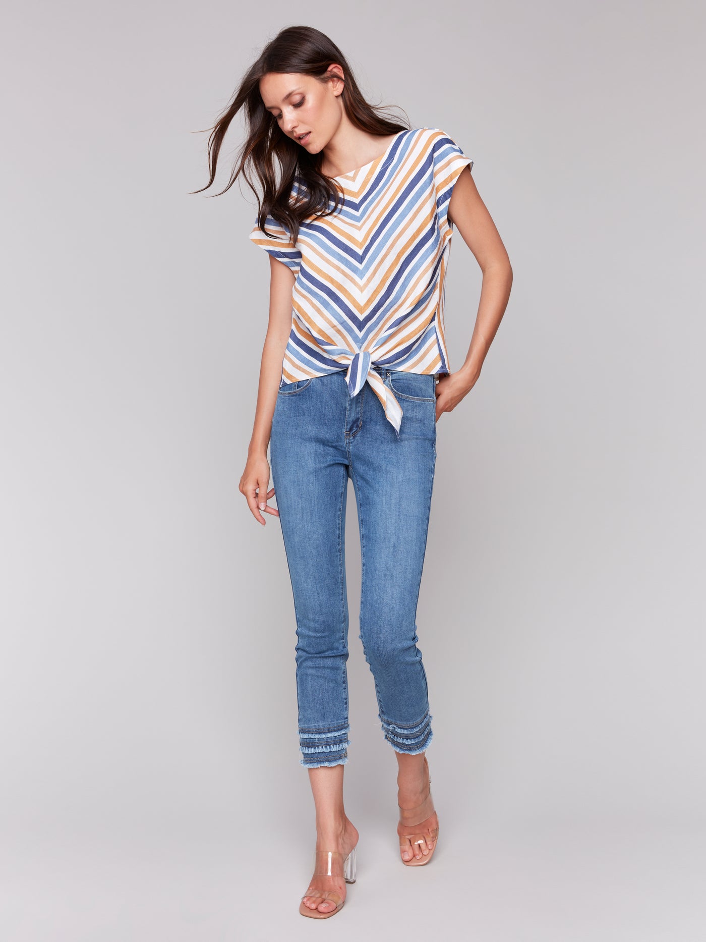 Striped Linen Blend Tie-Front Blouse Charlie B