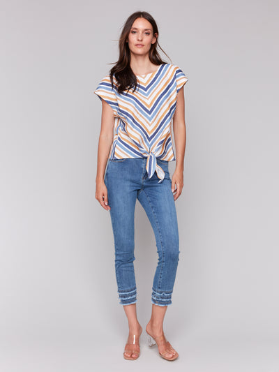 Striped Linen Blend Tie-Front Blouse Charlie B