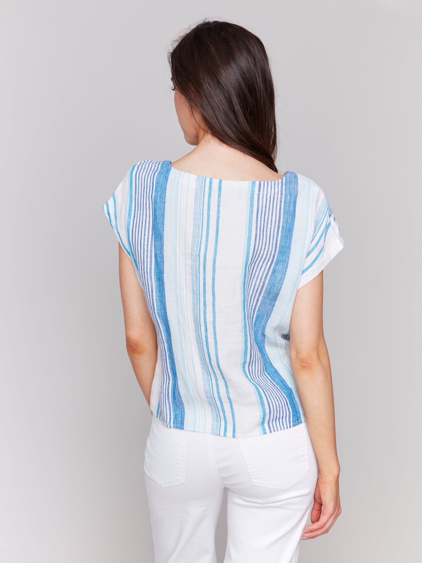 Striped Linen Blend Tie-Front Blouse Charlie B