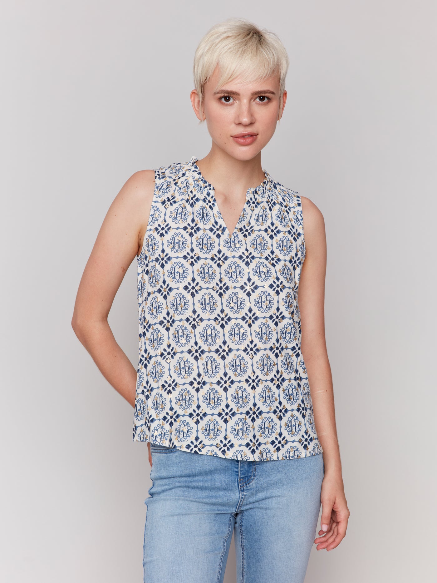 Printed Sleeveless Ruffle Neck Top Charlie B