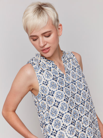 Printed Sleeveless Ruffle Neck Top Charlie B