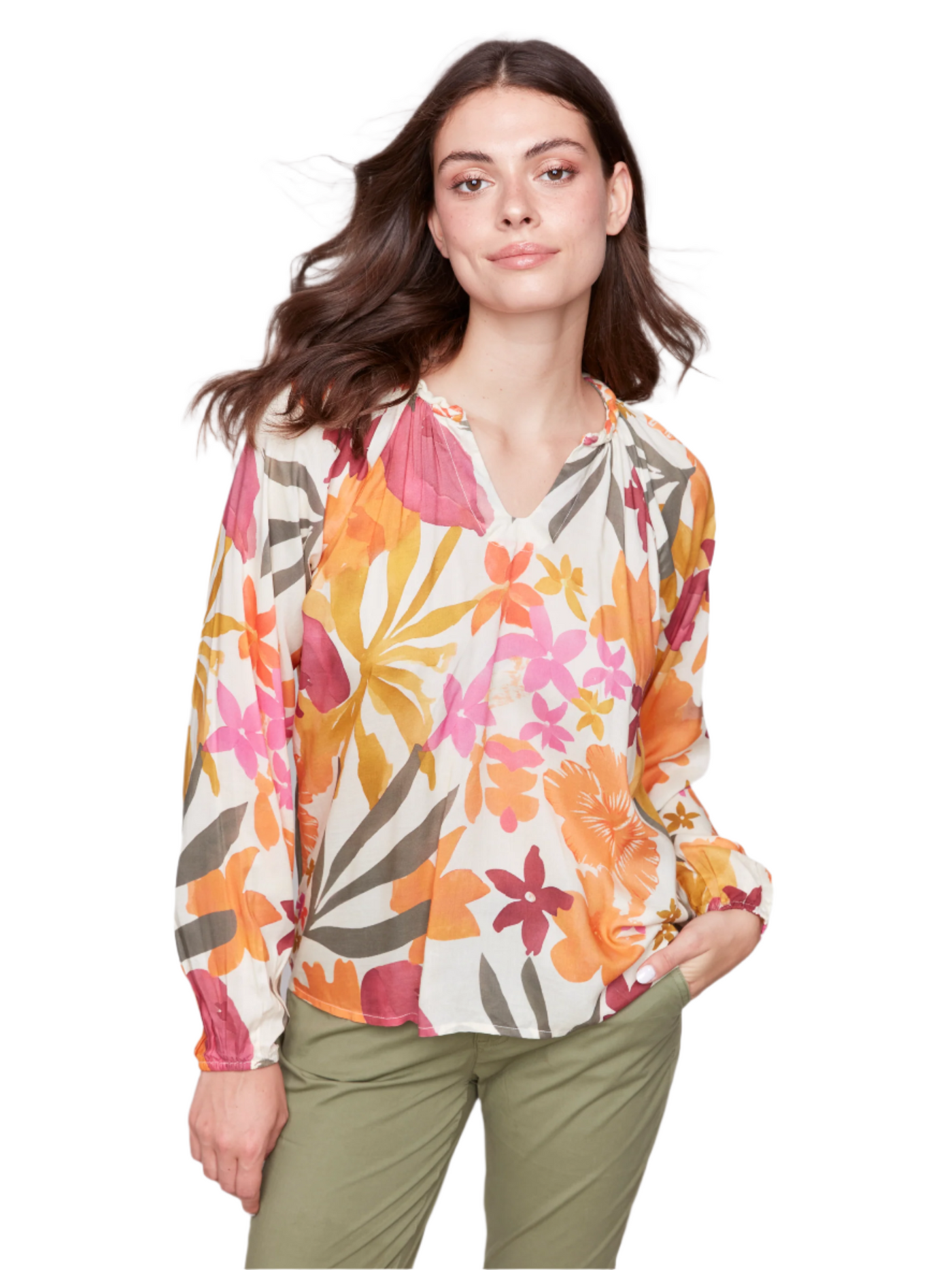 Printed Viscose Long Sleeve Popover Blouse Charlie B