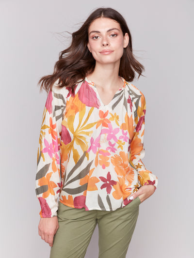 Printed Viscose Long Sleeve Popover Blouse Charlie B