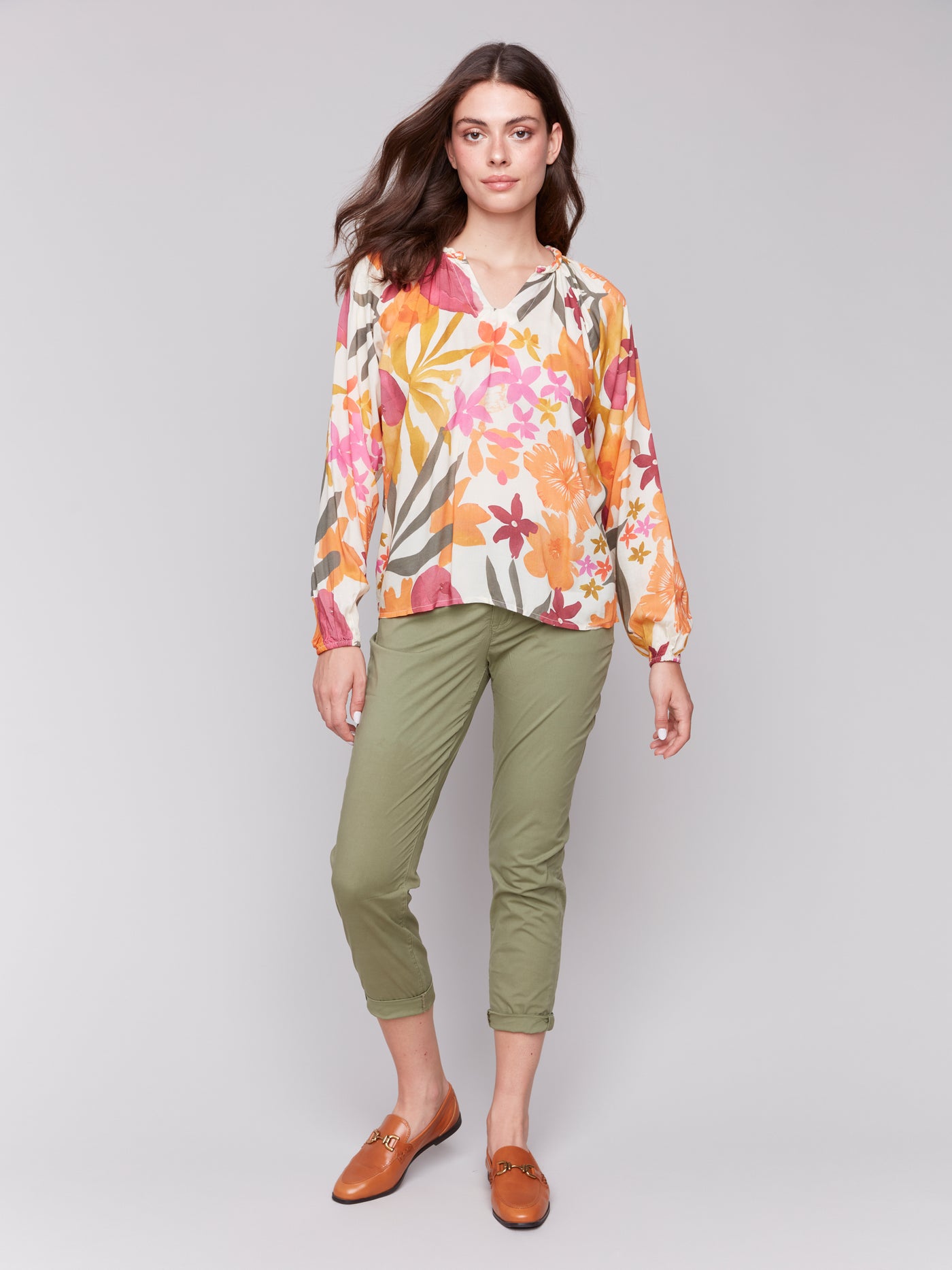 Printed Viscose Long Sleeve Popover Blouse Charlie B