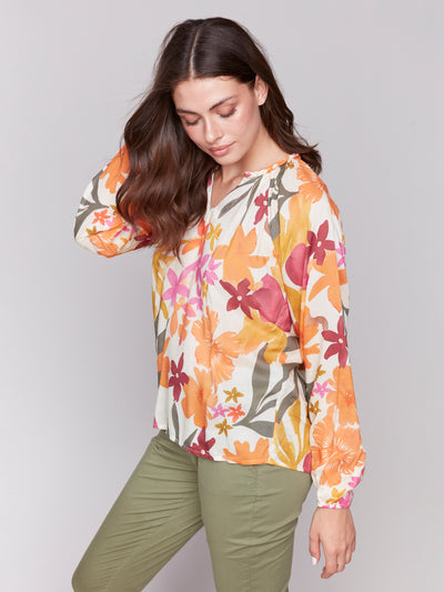 Printed Viscose Long Sleeve Popover Blouse Charlie B