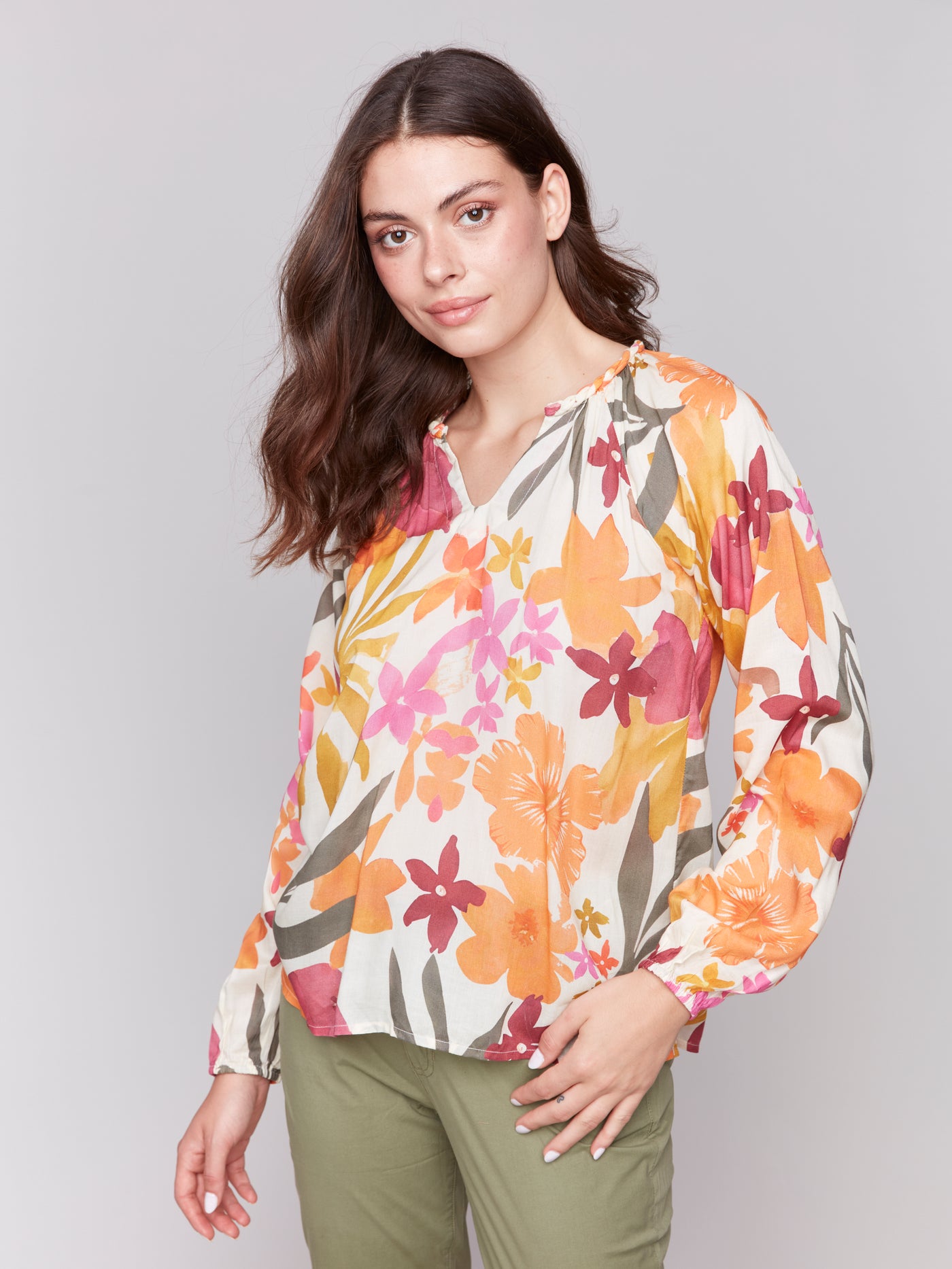 Printed Viscose Long Sleeve Popover Blouse Charlie B