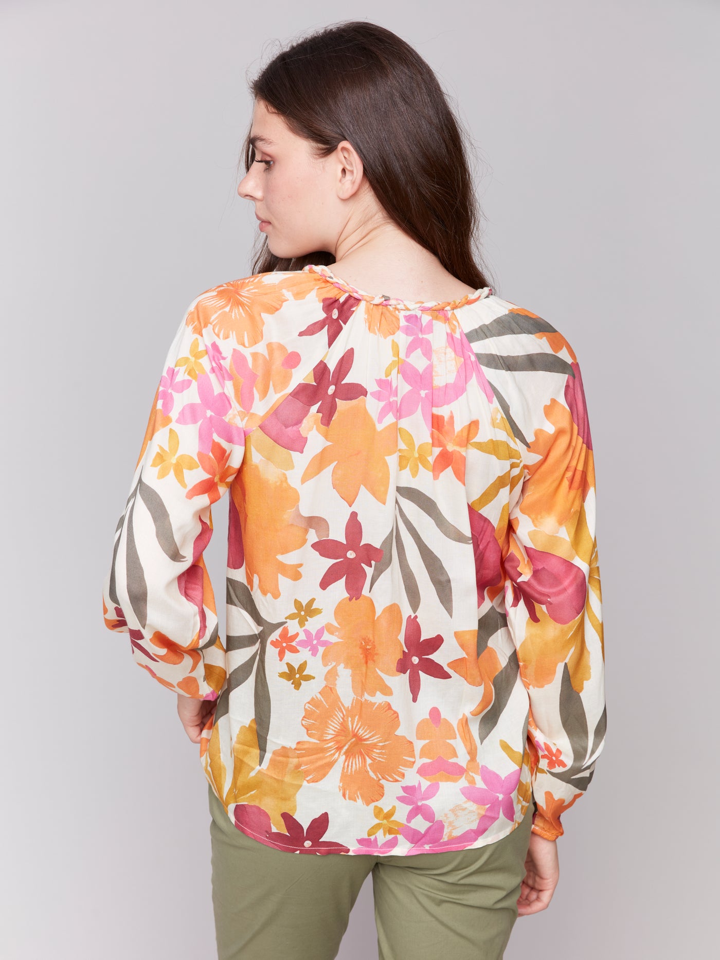 Printed Viscose Long Sleeve Popover Blouse Charlie B