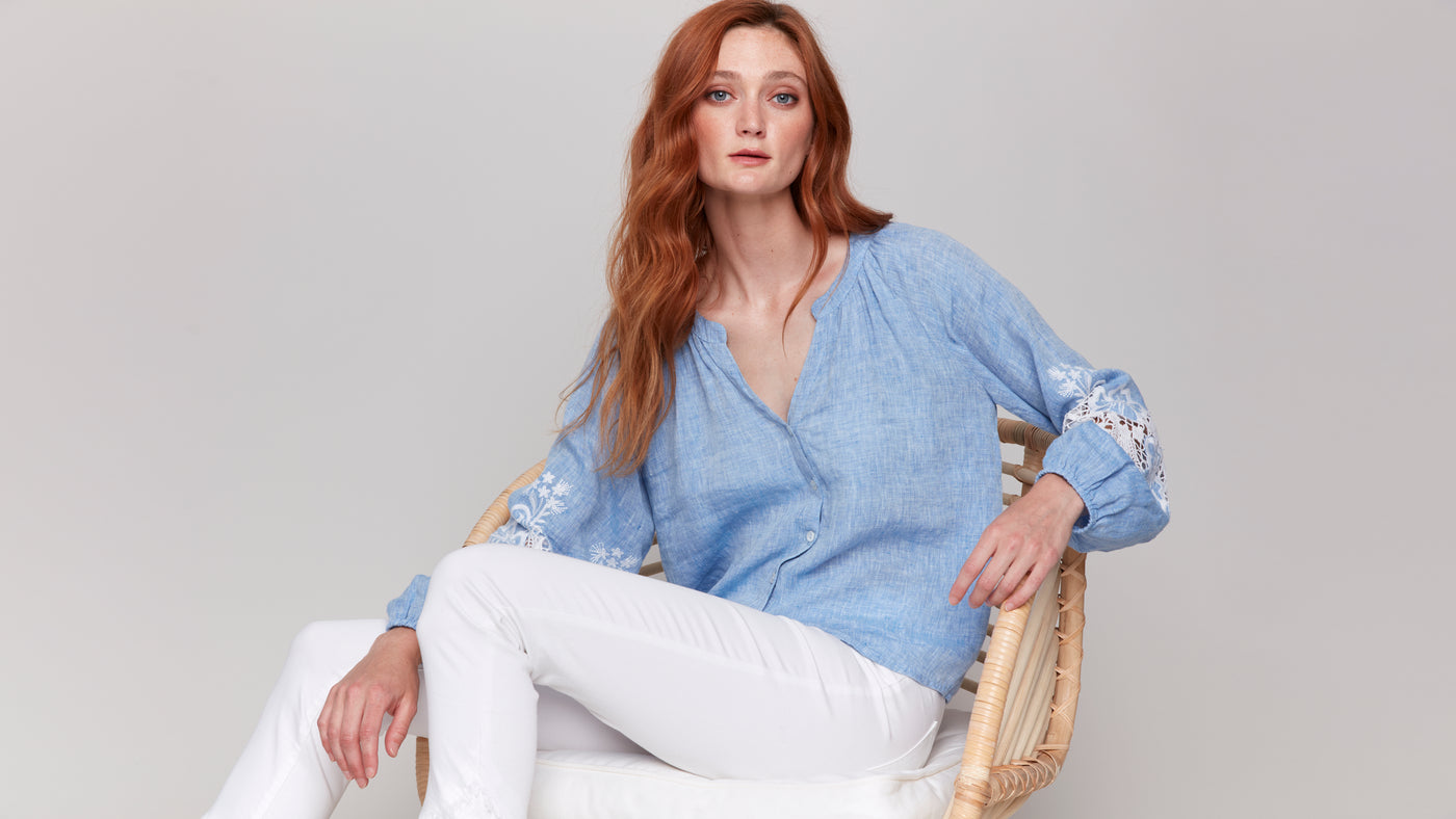 Linen Blend Button-Front Blouse with Embroidery Charlie B