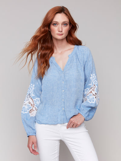 Linen Blend Button-Front Blouse with Embroidery Charlie B